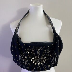 Y2K Vintage Kathy Van Zeeland Black Studded Hobo Shoulder Bag Festival Boho